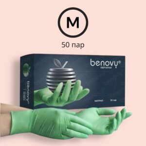 BENOVY Перчатки Нитриловые Зеленые M 50 пар/уп. (3,8 гр.)