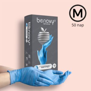 BENOVY Перчатки Нитриловые Голубые M 50 пар/уп. (3 гр.)